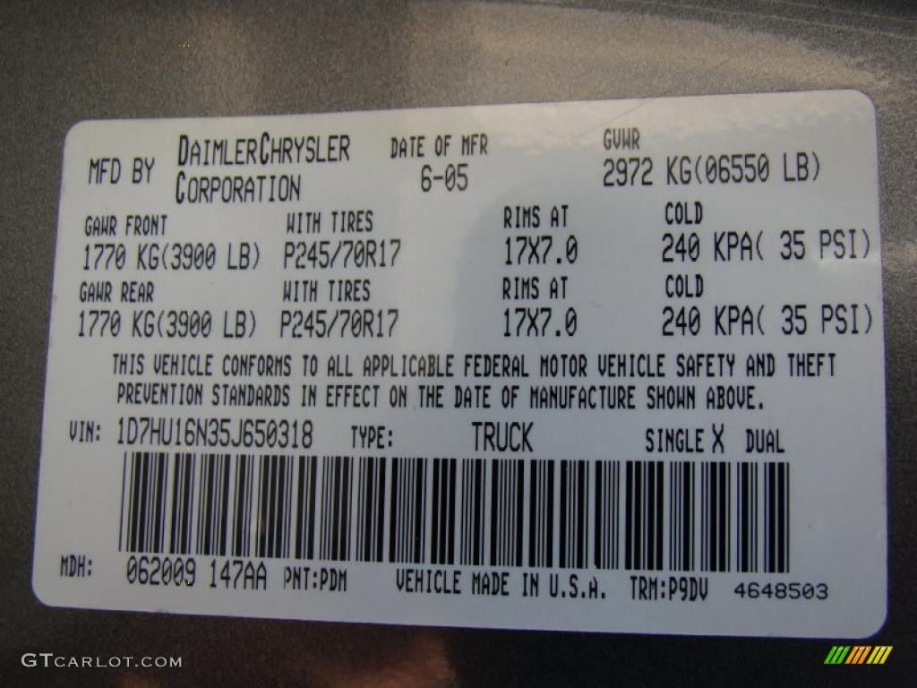 2005 Ram 1500 Color Code PDM for Mineral Gray Metallic Photo #40552501