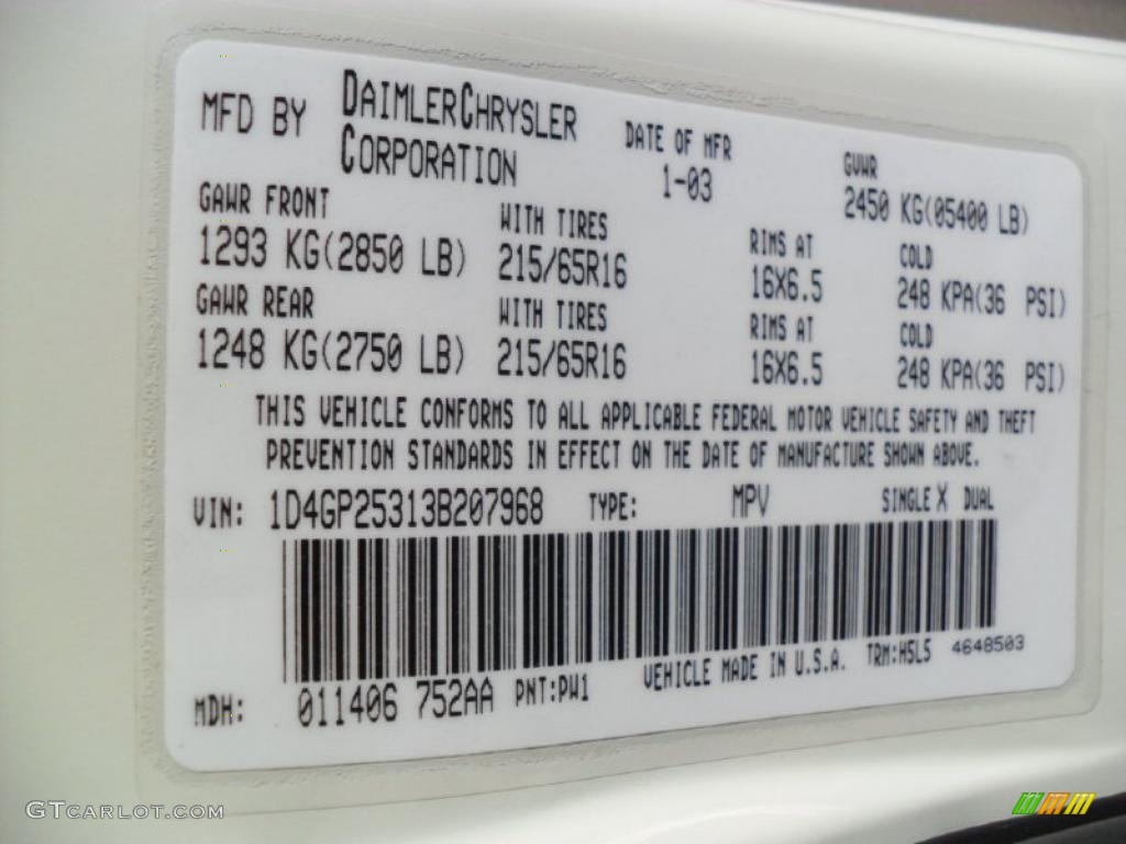 2003 Caravan Color Code PW1 for Stone White Photo #40560477