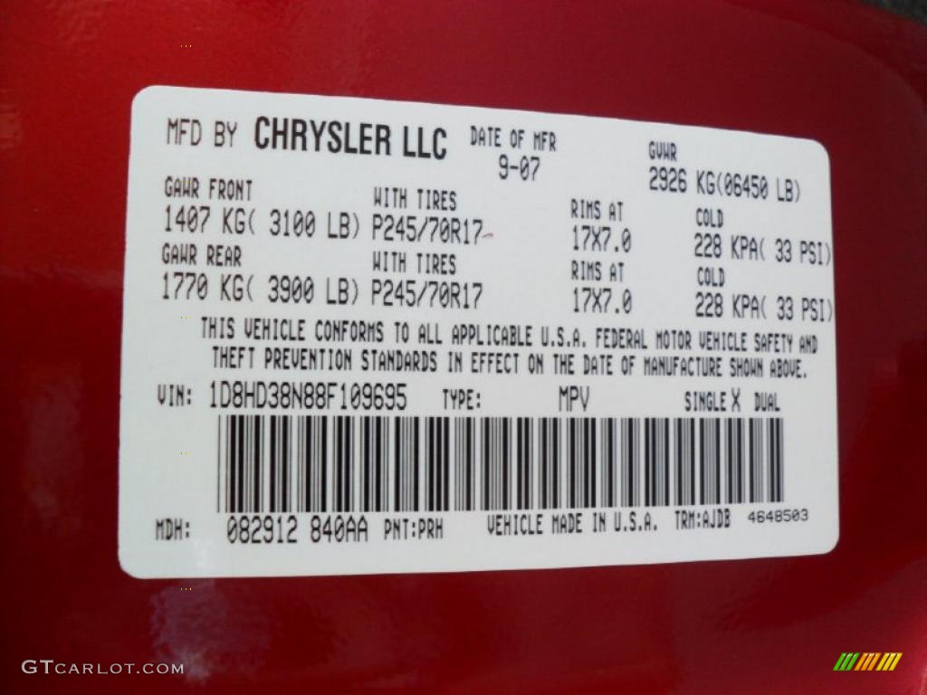 2008 Durango Color Code PRH for Inferno Red Crystal Pearl Photo #40561249