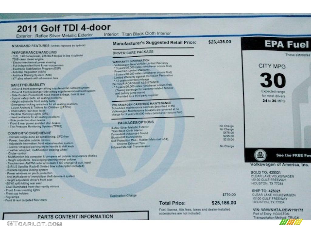 2011 Volkswagen Golf 4 Door TDI Window Sticker Photo #40567732