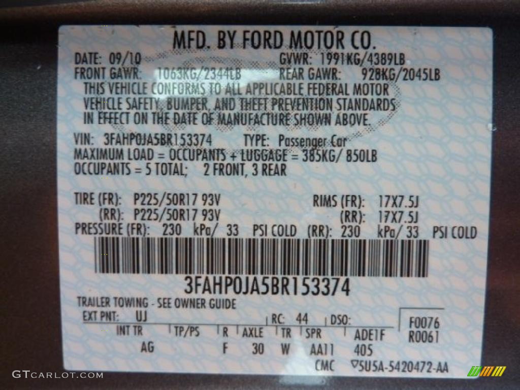 2011 Ford Fusion SEL Info Tag Photo #40592795