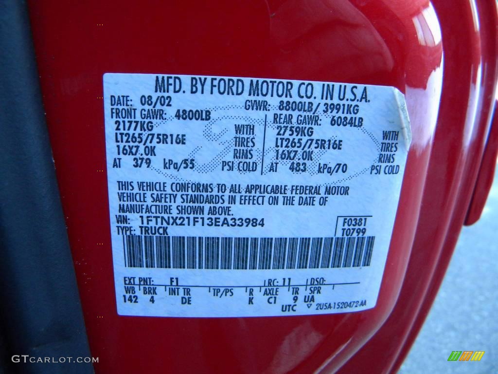 2003 F250 Super Duty Color Code F1 for Red Clearcoat Photo #40608209