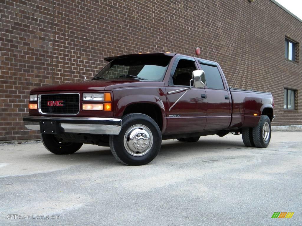 1997 Sierra 3500 SLE Crew Cab 4x4 Dually - Dark Hunt Club Red Metallic / Red photo #1