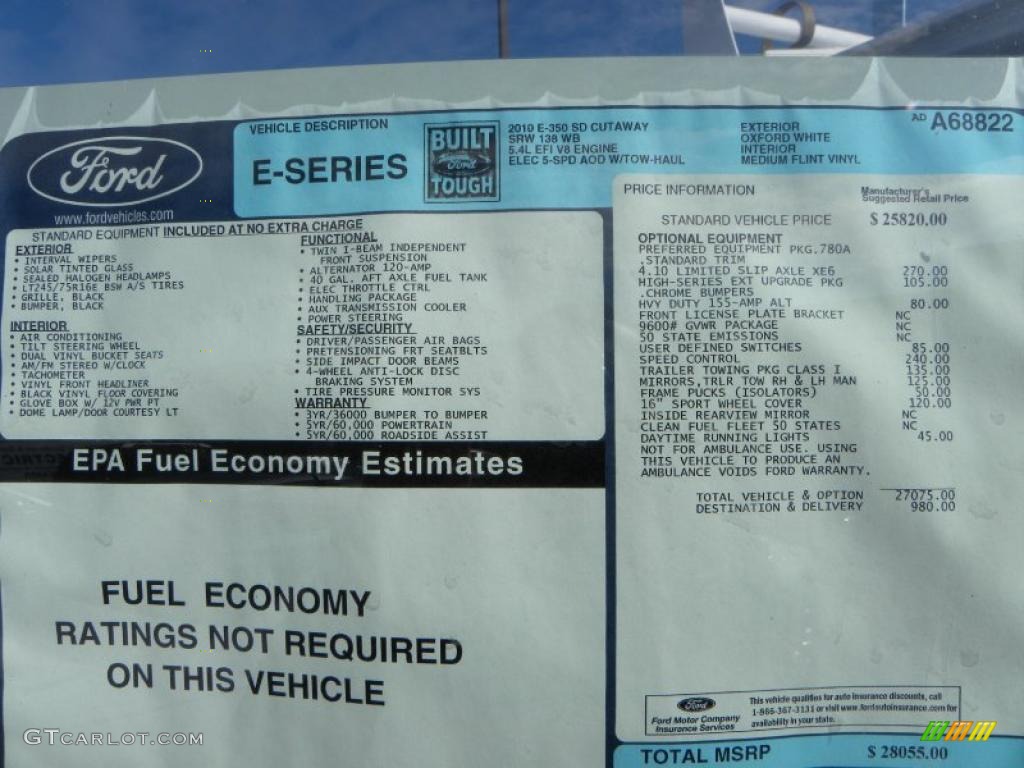 2010 Ford E Series Cutaway E350 Commercial Utility Window Sticker Photo #40630578