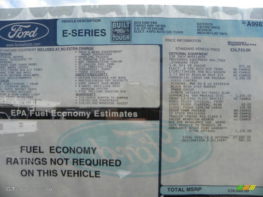 2010 Ford E Series Van E250 XL Commericial Window Sticker Photos