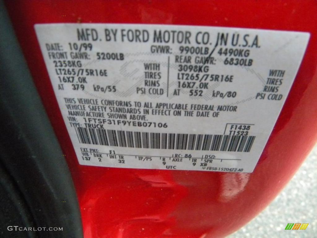 2000 F350 Super Duty Color Code F1 for Red Photo #40633242