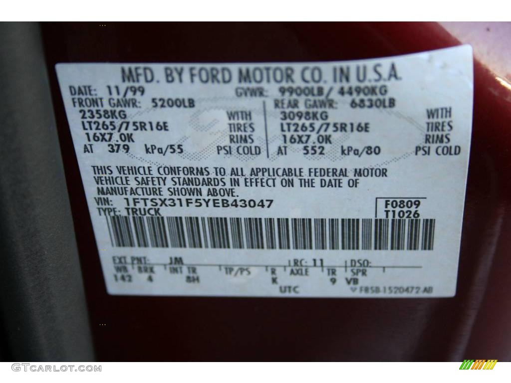 2000 F350 Super Duty Color Code JM for Dark Toreador Red Metallic Photo #40637042