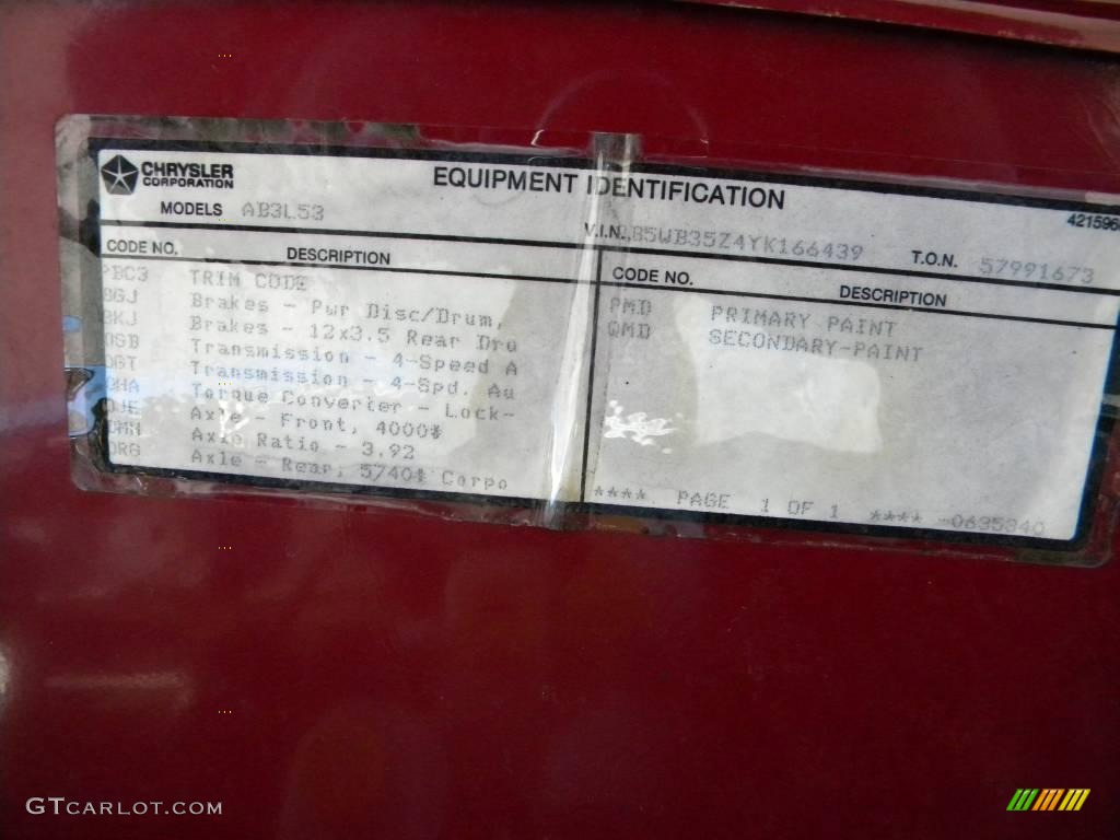 2000 Dodge Ram Van 3500 Passenger Info Tag Photos