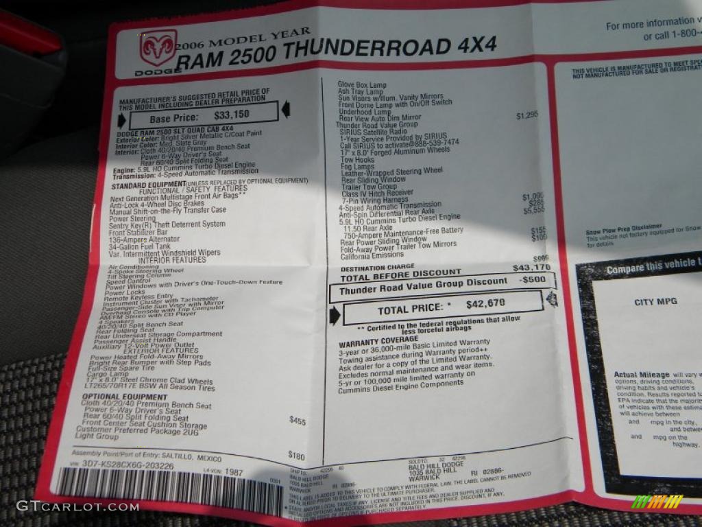 2006 Dodge Ram 2500 Thunderroad Quad Cab 4x4 Window Sticker Photo #40651663