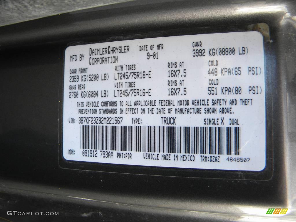 2002 Ram 2500 Color Code PDR for Graphite Metallic Photo #40653056