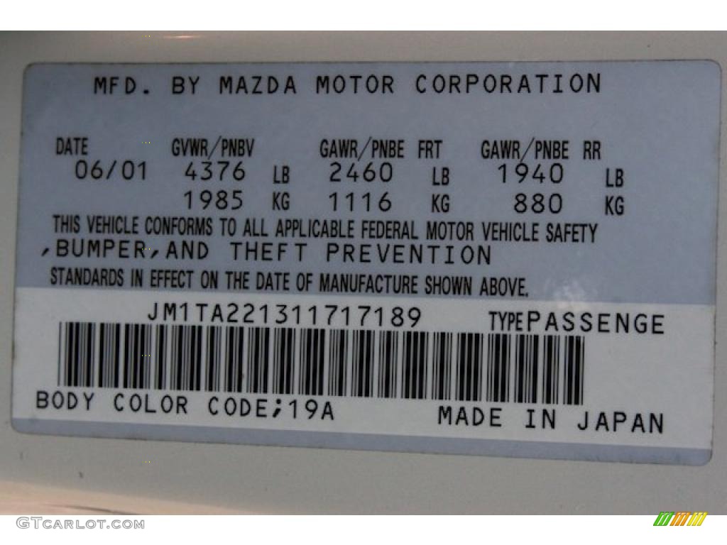 2001 Millenia Color Code 19A for Snow White Pearl Photo #40797947
