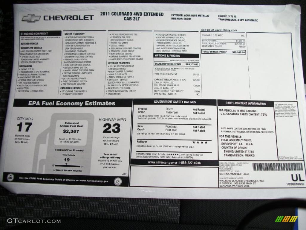 2011 Chevrolet Colorado LT Extended Cab 4x4 Window Sticker Photo #40800243