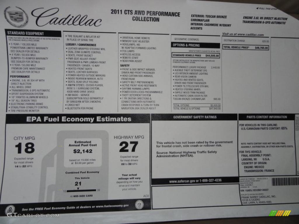 2011 Cadillac CTS 4 AWD Coupe Window Sticker Photo #40811923