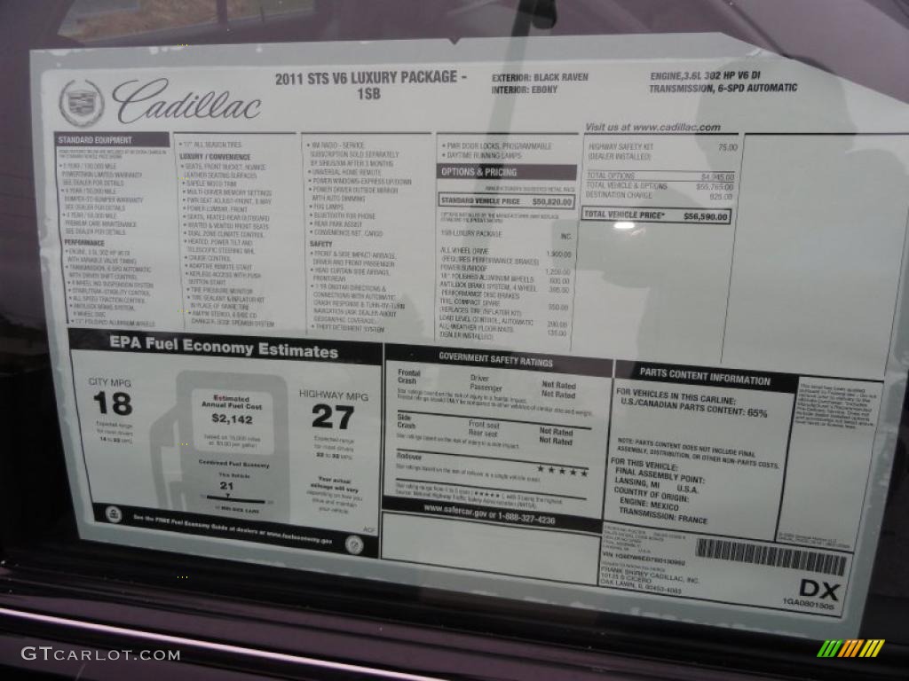 2011 Cadillac STS V6 Luxury Window Sticker Photo #40812307