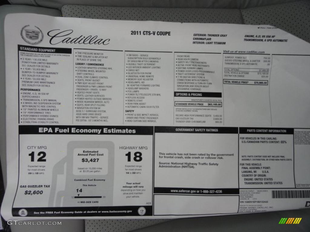2011 Cadillac CTS -V Coupe Window Sticker Photo #40812631
