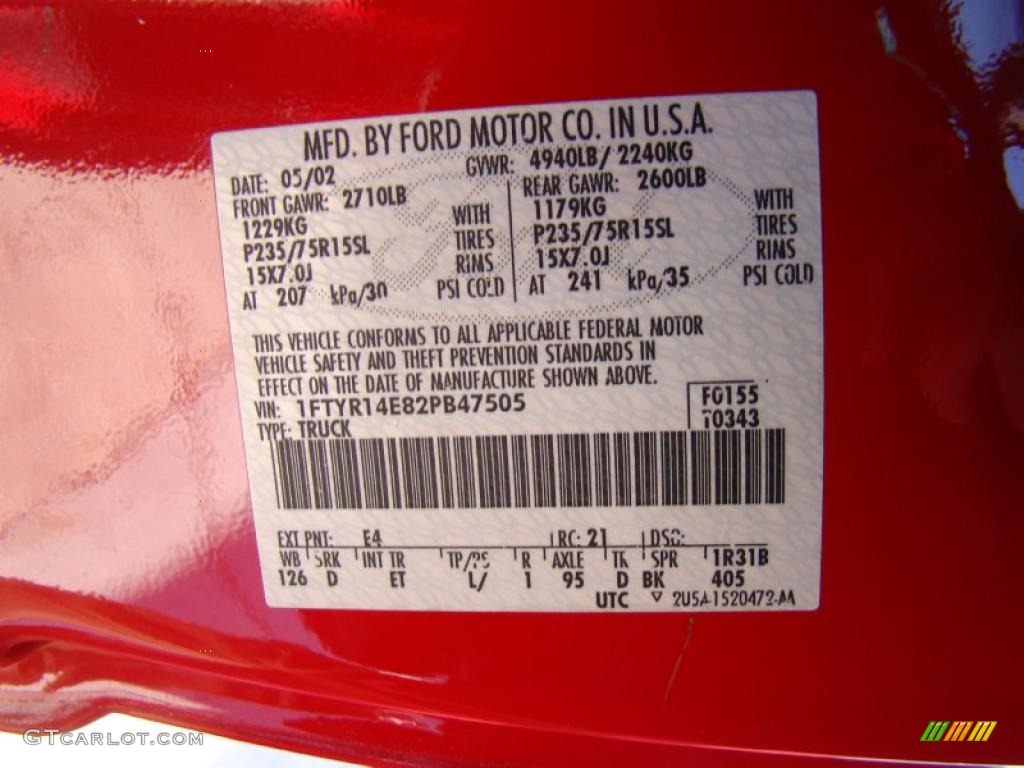 2002 Ranger Color Code E4 for Bright Red Photo #40821814