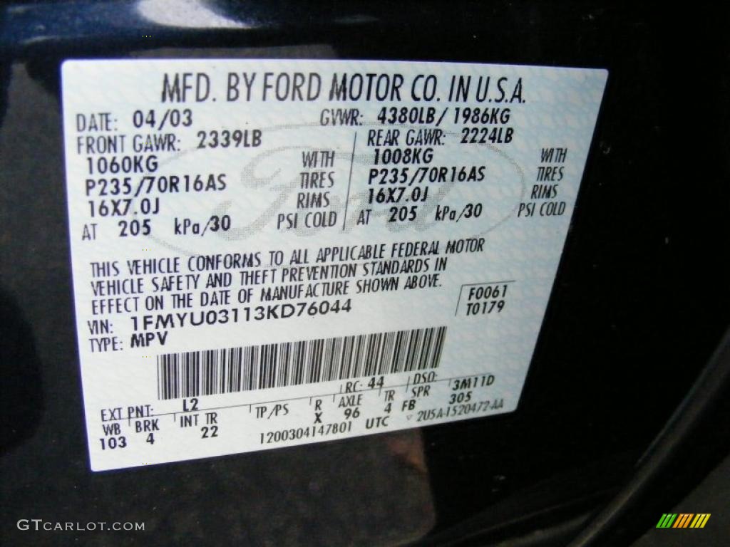 2003 Escape Color Code L2 for True Blue Metallic Photo #40838205