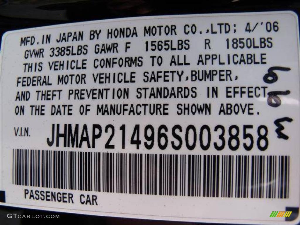 2006 Honda S2000 Roadster Info Tag Photo #40844233