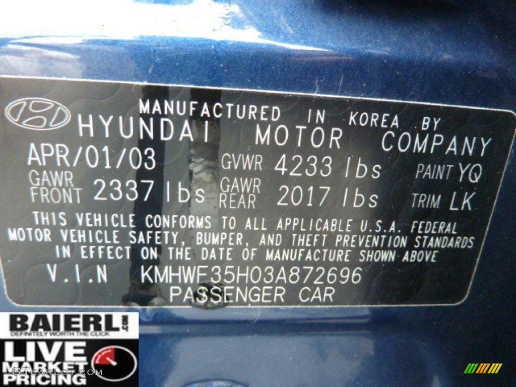 2003 Sonata LX V6 - Ardor Blue Metallic / Black photo #17