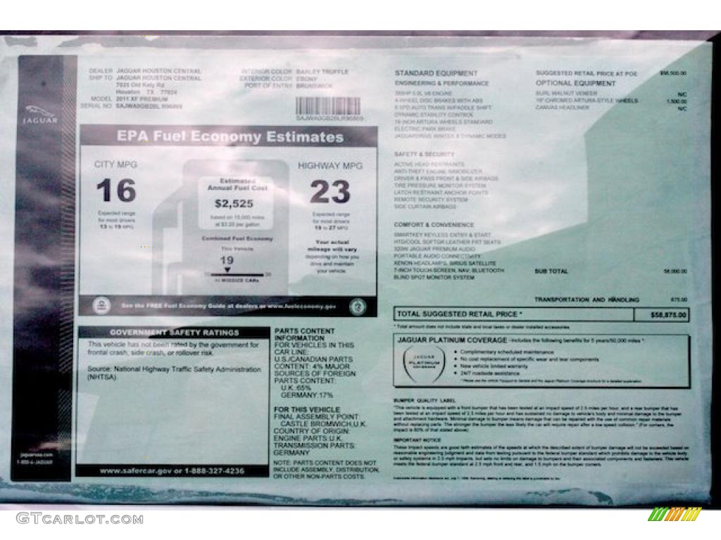 2011 Jaguar XF Premium Sport Sedan Window Sticker Photo #40904365