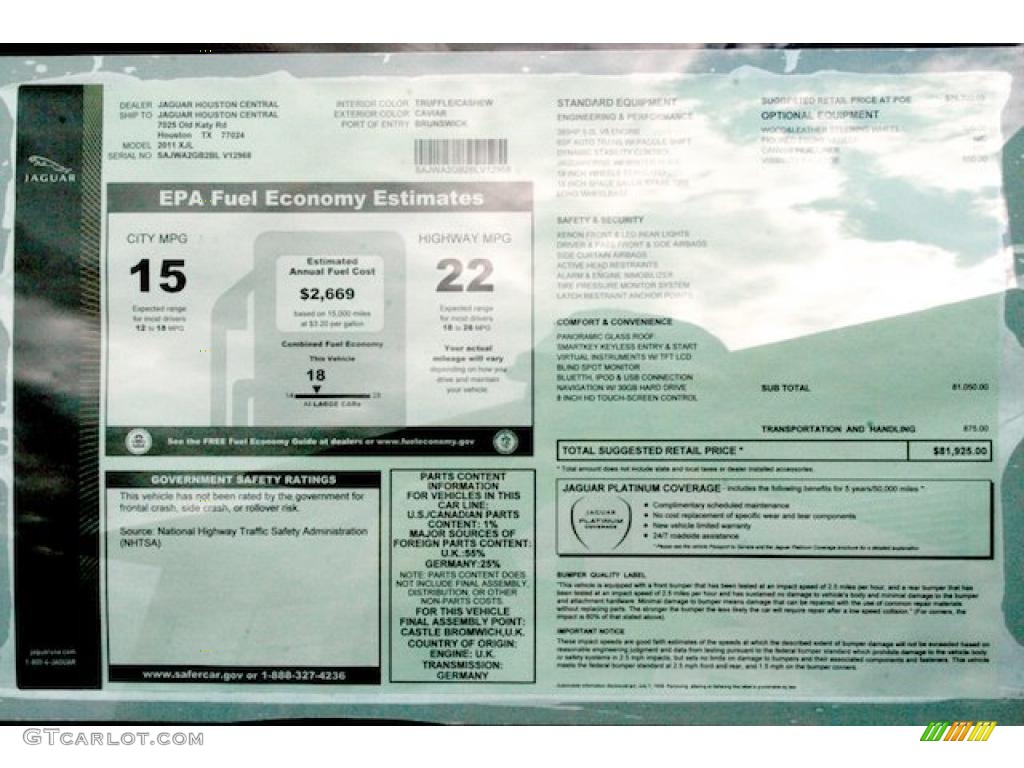 2011 Jaguar XJ XJL Window Sticker Photo #40905293