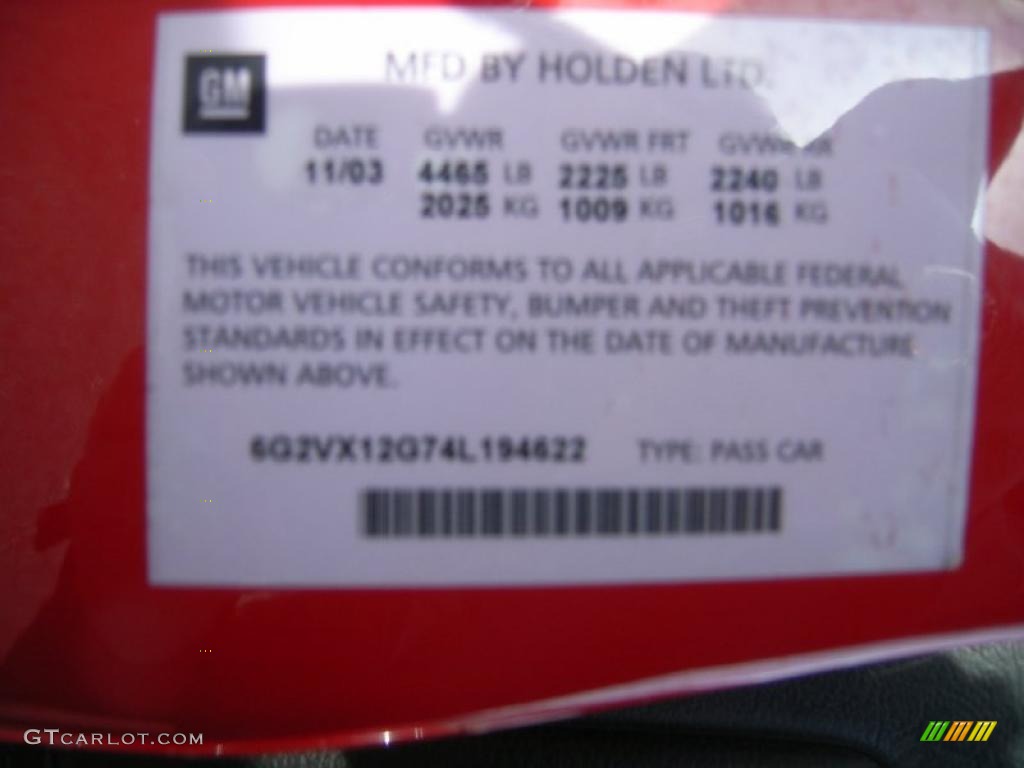 2004 Pontiac GTO Coupe Info Tag Photo #40930758
