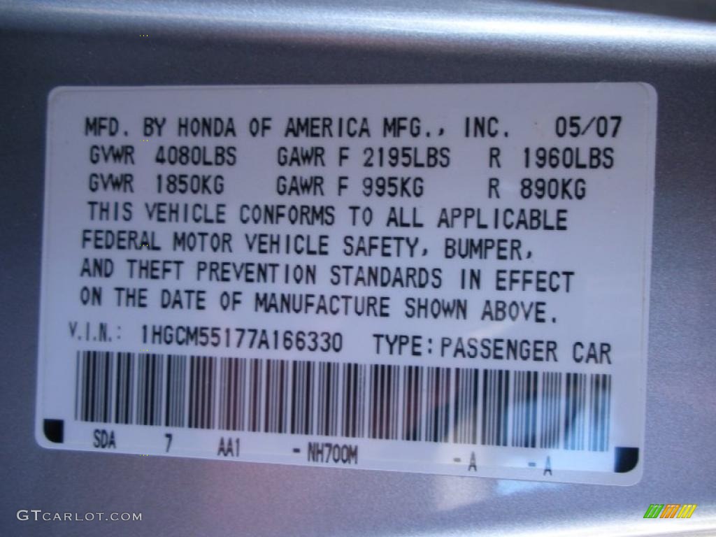 2007 Accord Color Code NH700M for Alabaster Silver Metallic Photo #40991681