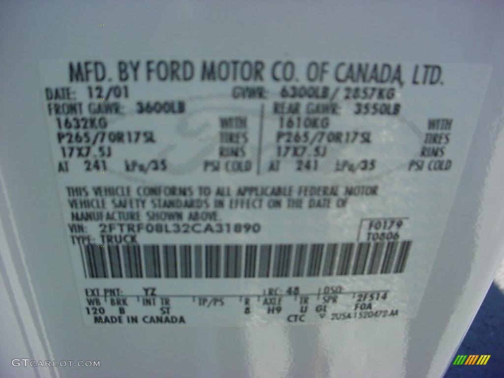 2002 F150 Color Code YZ for Oxford White Photo #41021055
