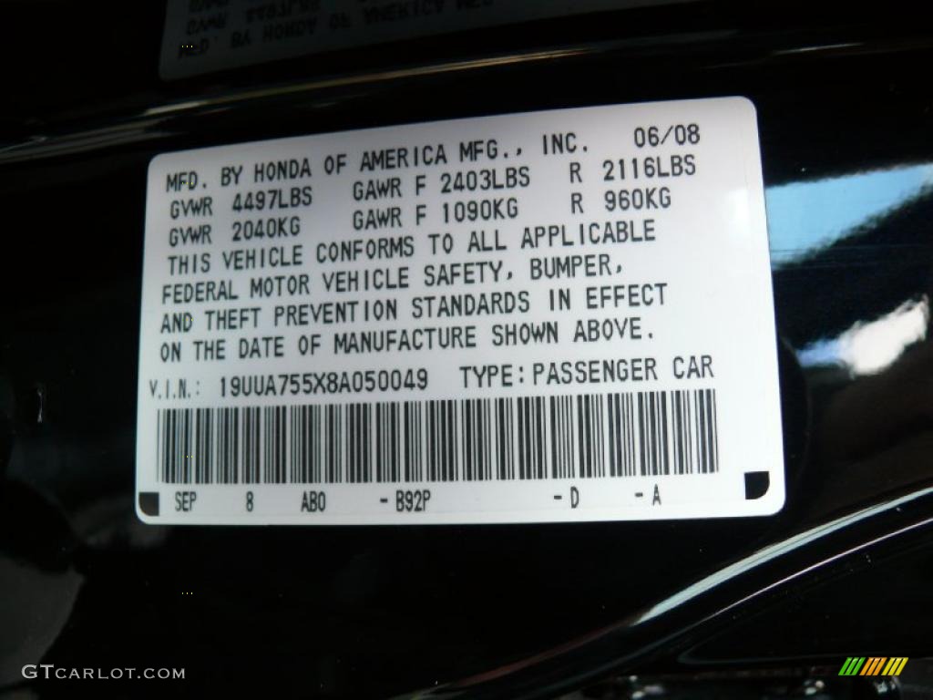 2008 TL Color Code B92P for Nighthawk Black Pearl Photo #41025360