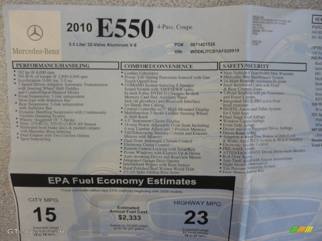 2010 Mercedes-Benz E 550 Coupe Window Sticker Photo #41035672