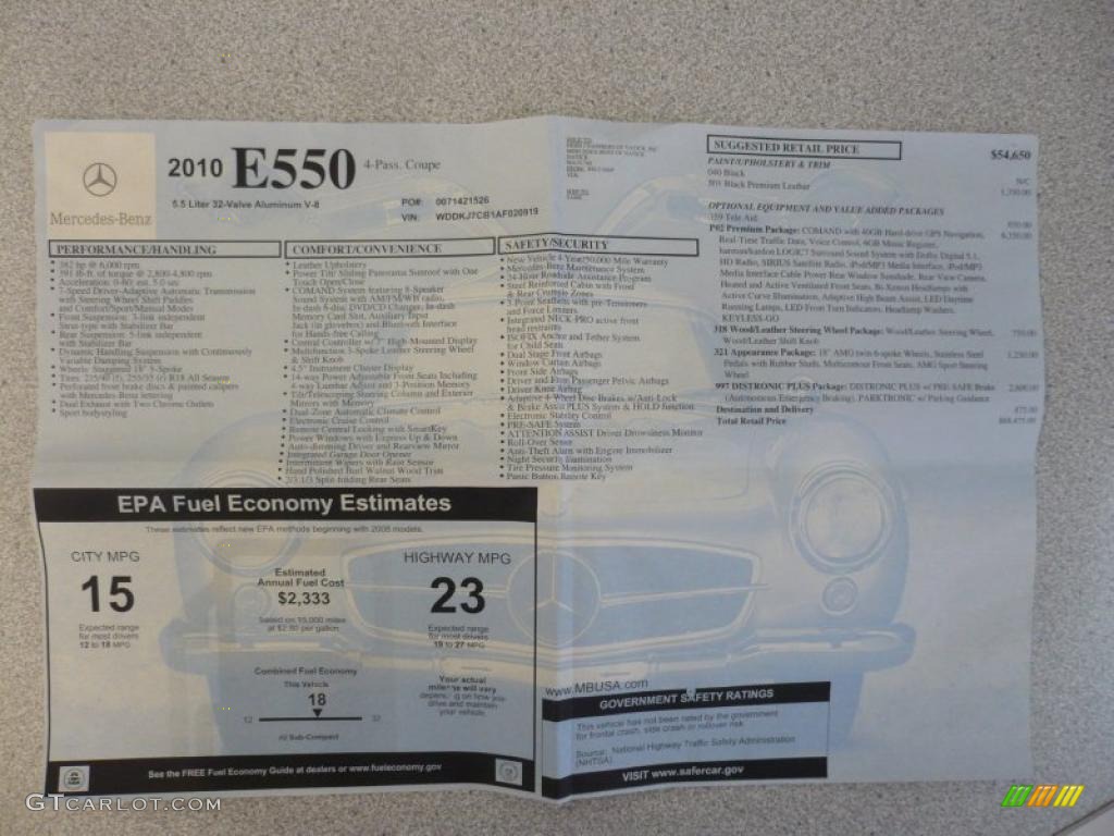 2010 Mercedes-Benz E 550 Coupe Window Sticker Photo #41036180