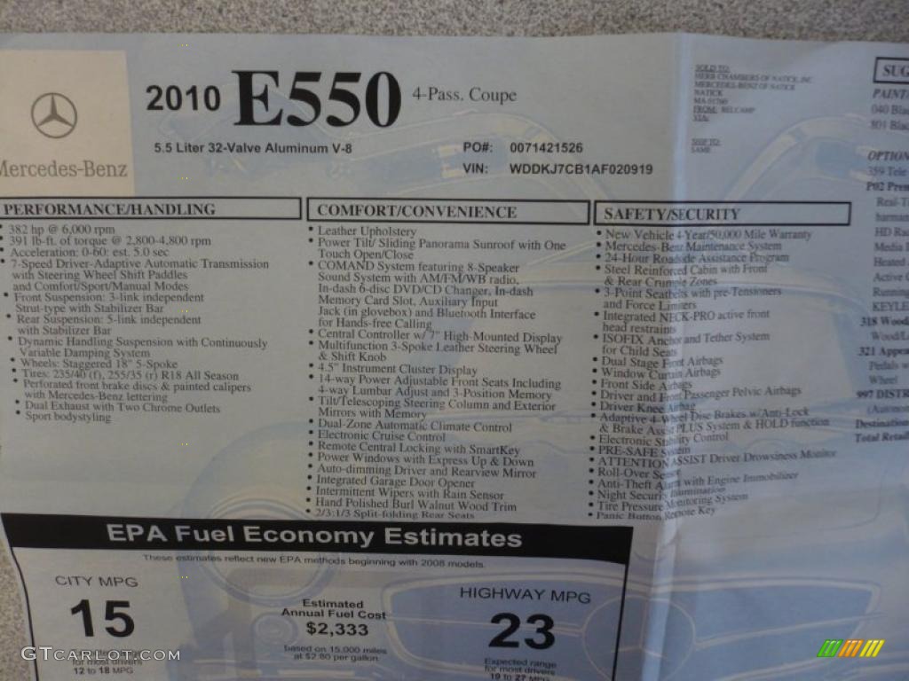 2010 Mercedes-Benz E 550 Coupe Window Sticker Photos
