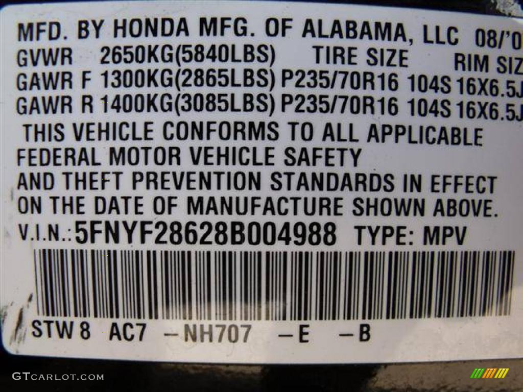 2008 Pilot Color Code NH707 for Formal Black Photo #41042085