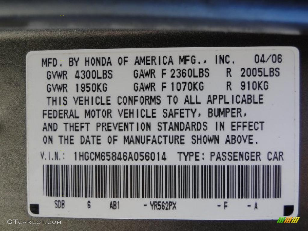 2006 Accord Color Code YR562PX for Carbon Bronze Pearl Photo #41098896