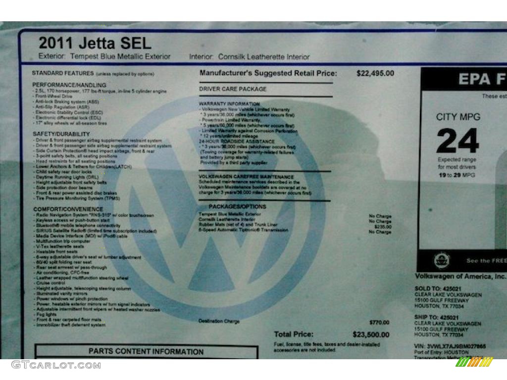 2011 Volkswagen Jetta SEL Sedan Window Sticker Photo #41165868