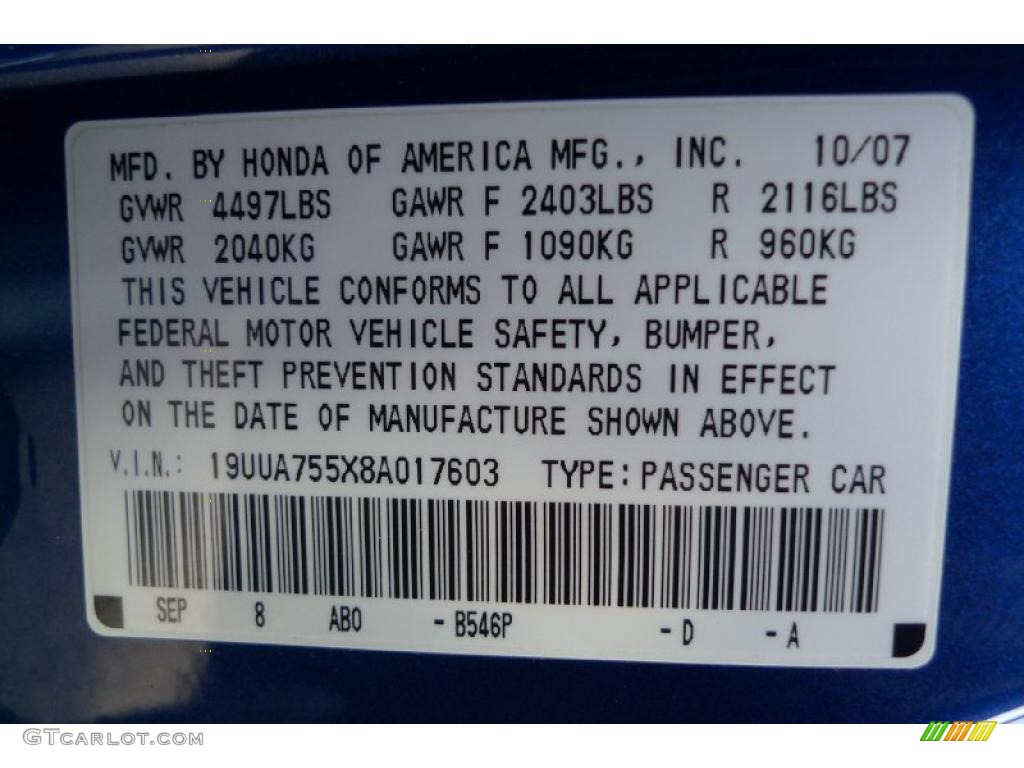 2008 TL Color Code B546P for Kinetic Blue Pearl Photo #41167545