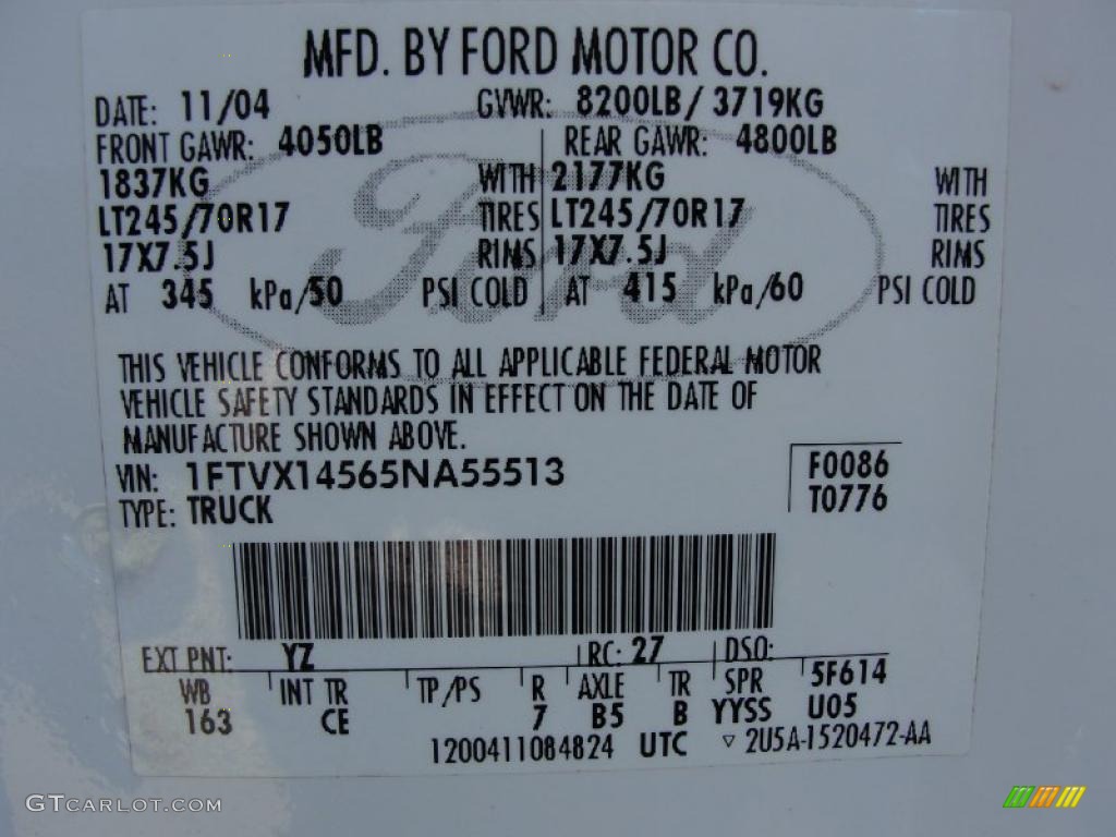 2005 F150 Color Code YZ for Oxford White Photo #41172775