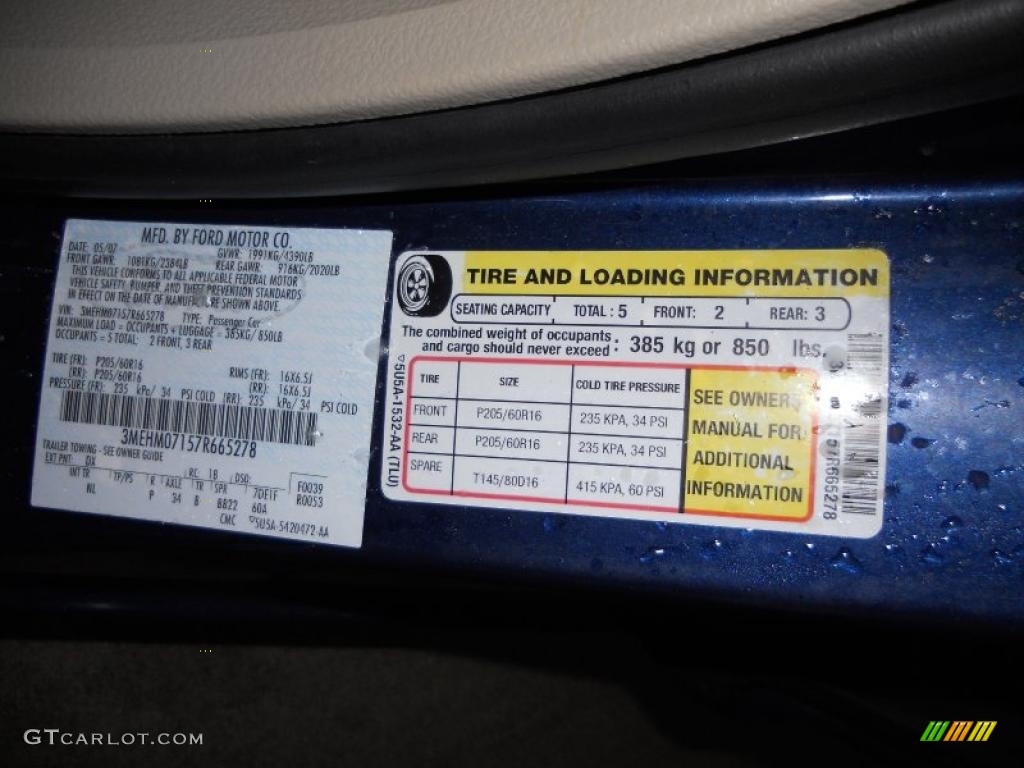 2007 Mercury Milan V6 Info Tag Photos