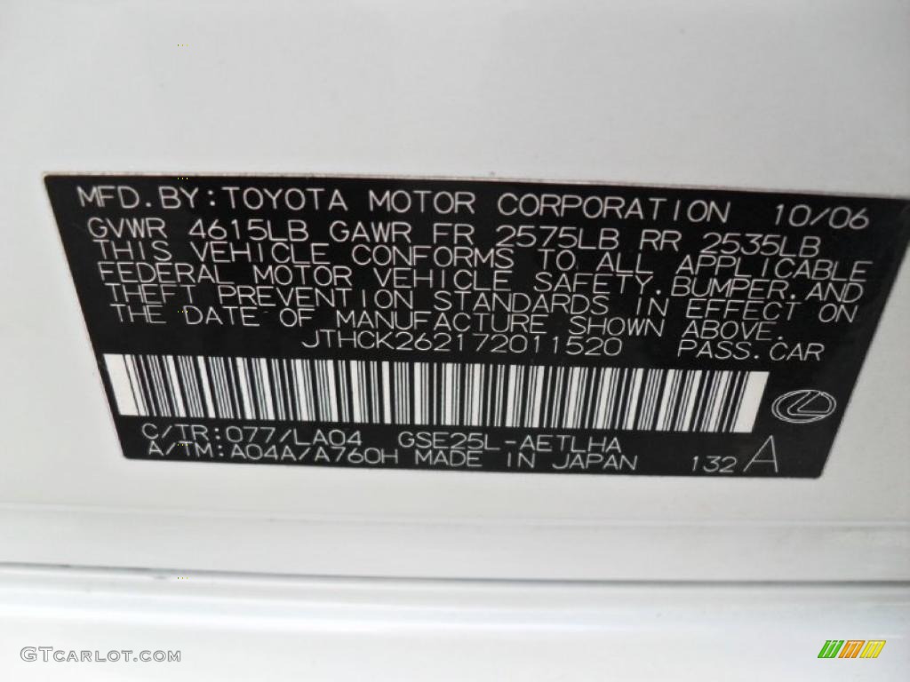 2007 Lexus IS 250 AWD Info Tag Photo #41183890