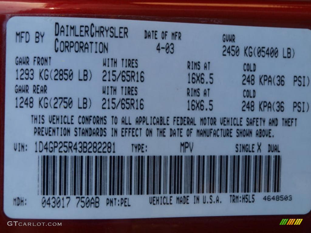 2003 Caravan Color Code PEL for Inferno Red Tinted Pearl Photo #41211843