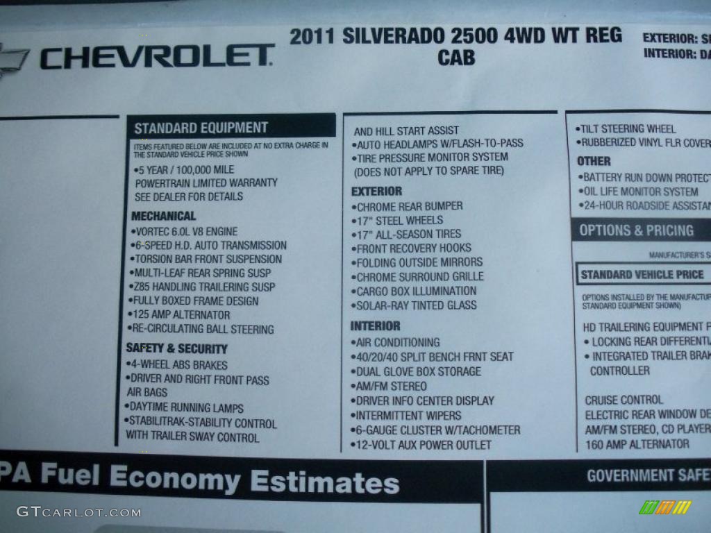 2011 Chevrolet Silverado 2500HD Regular Cab 4x4 Window Sticker Photo #41218559