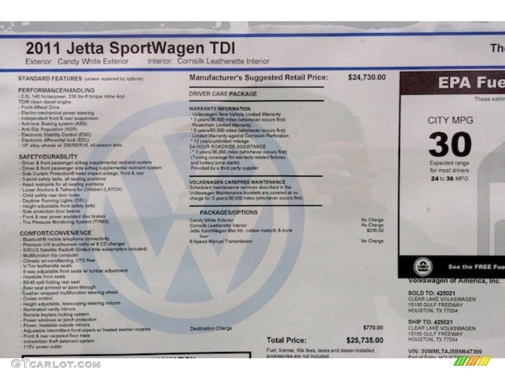 2011 Volkswagen Jetta TDI SportWagen Window Sticker Photo #41225547