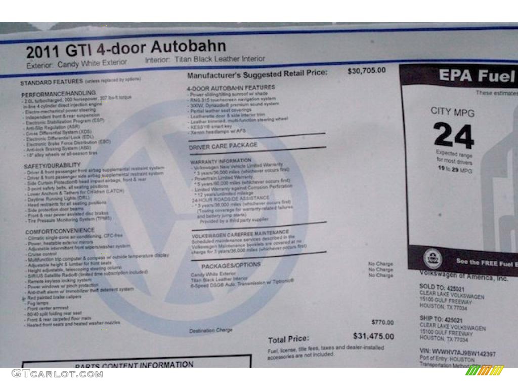 2011 Volkswagen GTI 4 Door Autobahn Edition Window Sticker Photo #41225891