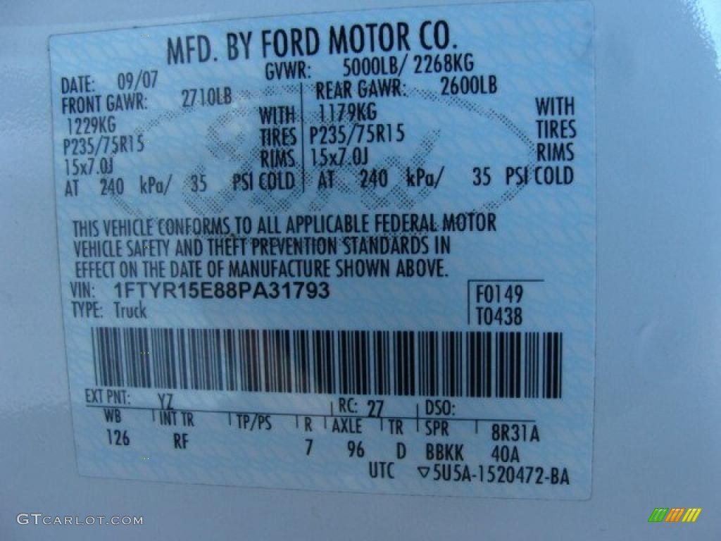 2008 Ranger Color Code YZ for Oxford White Photo #41226286
