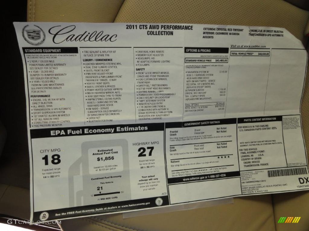 2011 Cadillac CTS 4 3.6 AWD Sedan Window Sticker Photo #41228903