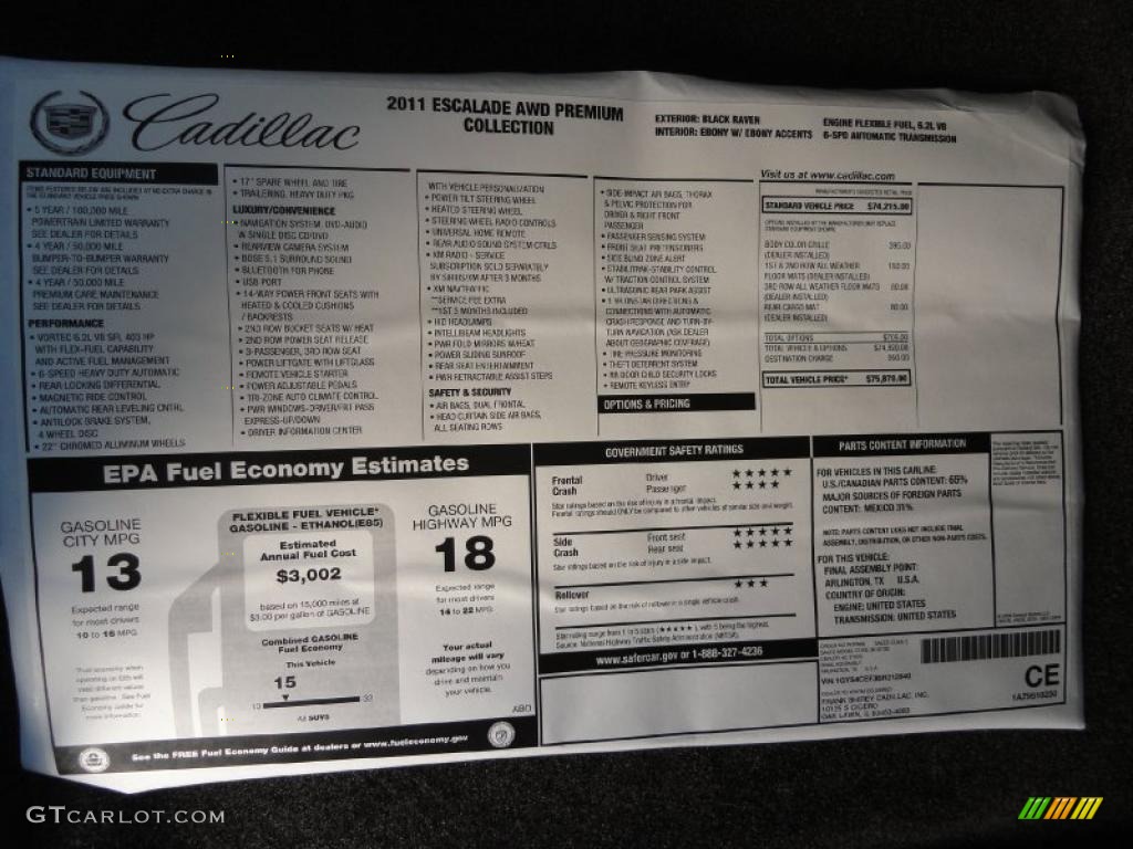 2011 Cadillac Escalade Premium AWD Window Sticker Photo #41229287