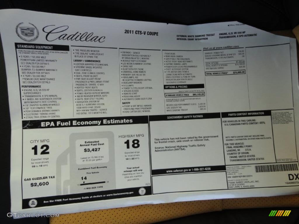 2011 Cadillac CTS -V Coupe Window Sticker Photo #41230063