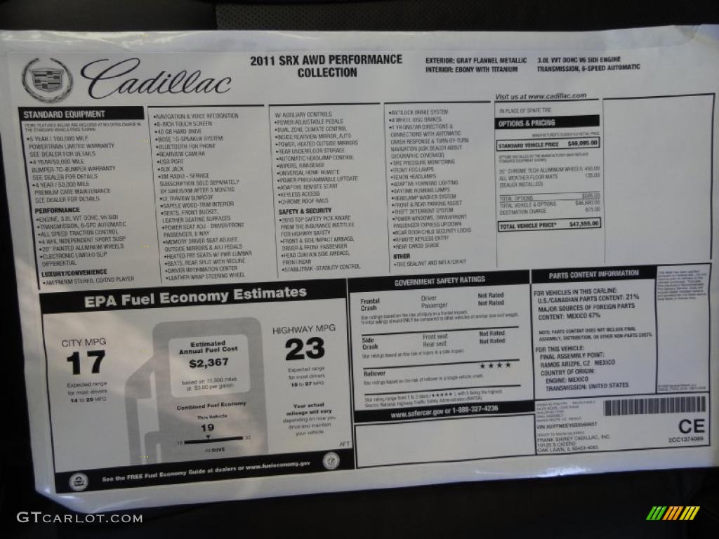 2011 Cadillac SRX 4 V6 AWD Window Sticker Photo #41230319