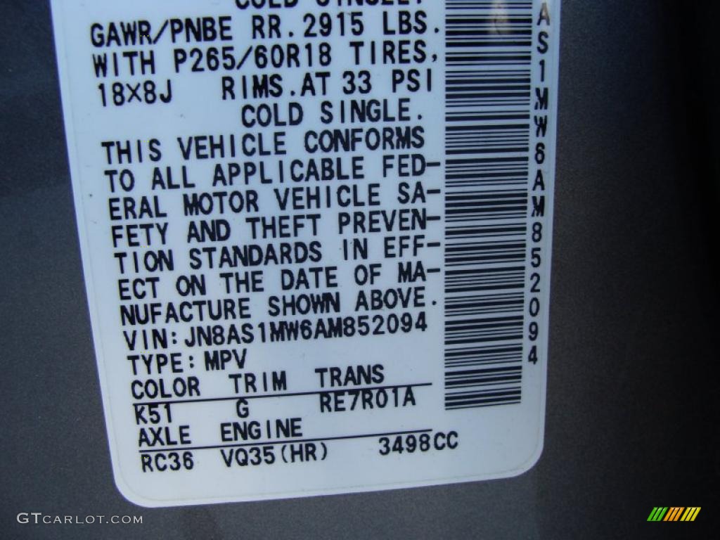 2010 FX Color Code K51 for Platinum Graphite Photo #41241284