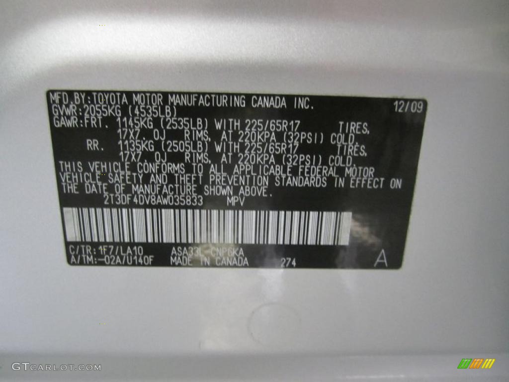 2010 RAV4 Color Code 1F7 for Classic Silver Metallic Photo #41245921